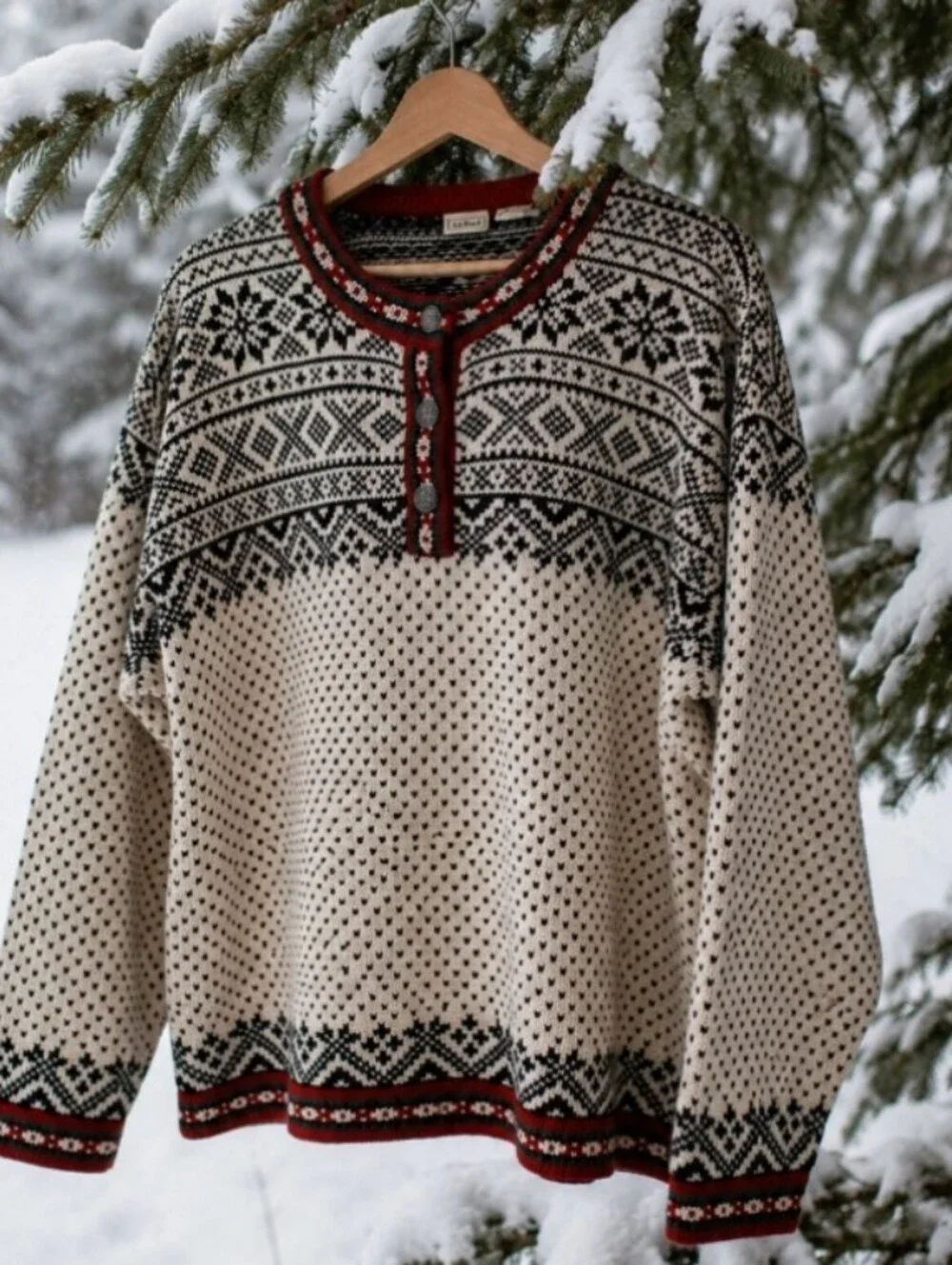 Vintage LL Bean Nordic Fair Isle Sweater Heavyweight Cotton Henley Size XL - Picture 2 of 12